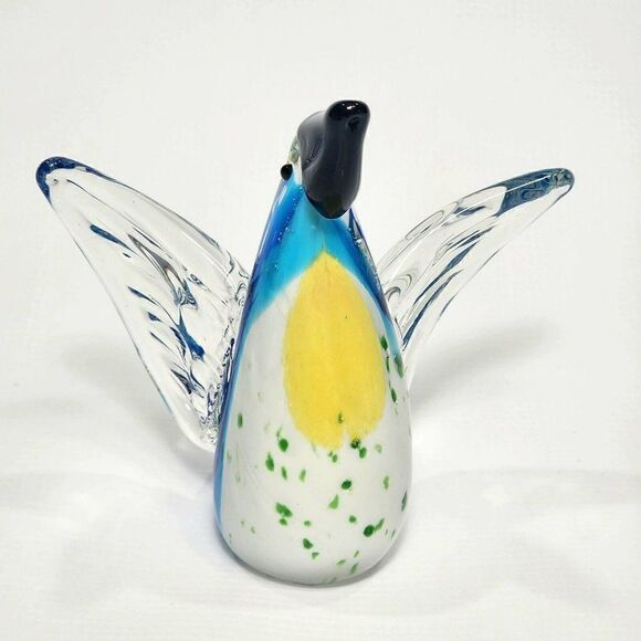 Diamond Star 5" Art Glass Bird Figurine Blue and Yellow Decor - Picture 1 of 8